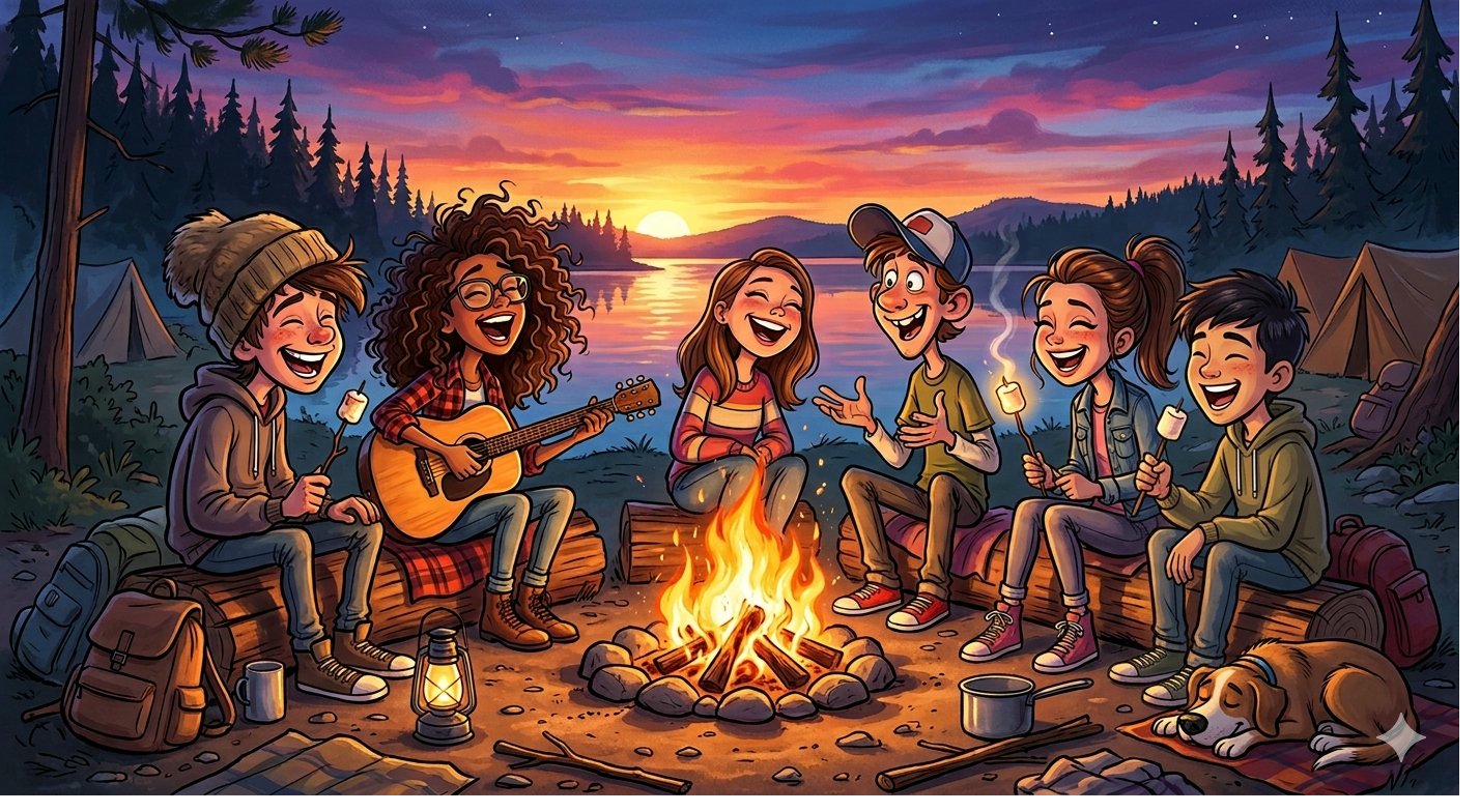 Camp friends around a campfire